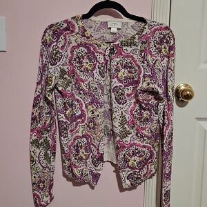 LOFT Pink and Green Paisley Long Sleeve Cardigan